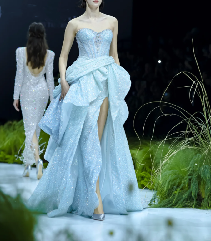 Glitter Blue Satin Sequin Beaded Mermaid Long Birthday Party Dress Prom Dresses SP1400