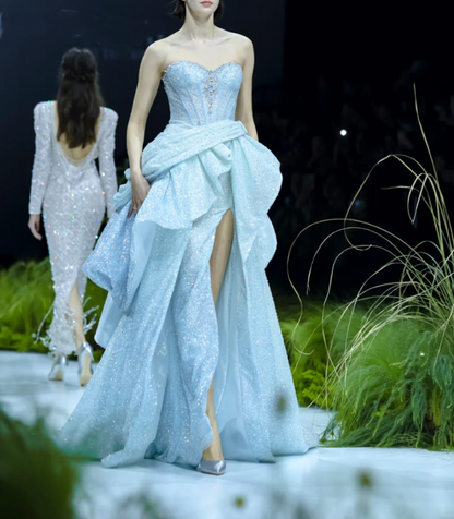 Glitter Blue Satin Sequin Beaded Mermaid Long Birthday Party Dress Prom Dresses SP1400