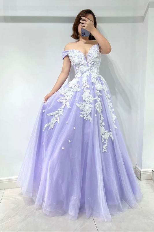 Amazing Lilac Sweetheart Off-The-Shoulder Tulle Evening Dress With Appliques Y5842