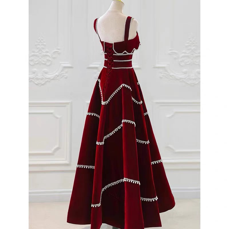 Chic Red Velvet A-line Evening Dress Y4511