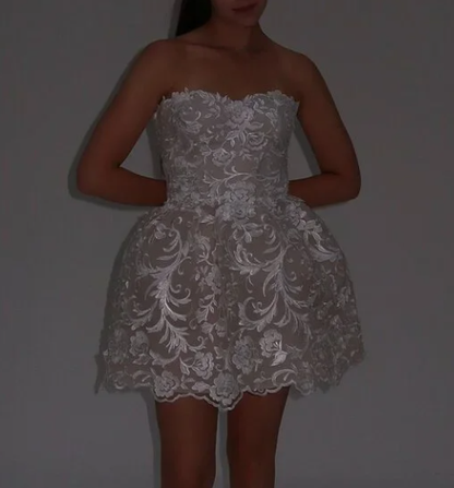 Classy Strapless White Lace Appliques A Line Short Homecoming Dress 20th Birthday Outfits SP60