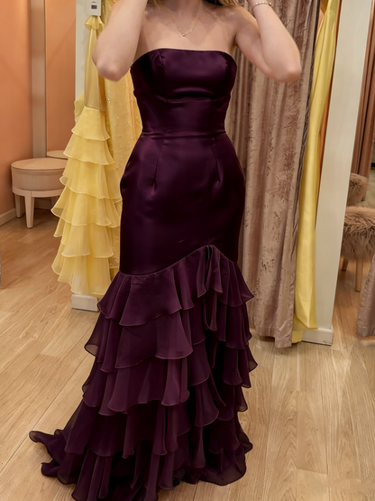 Classy Pink Strapless Satin Chiffon Layered Slit Long Party Dress 19th Birthday Outfits SP2049