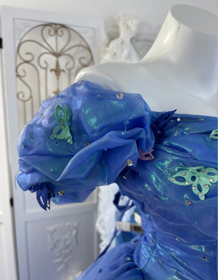 Cute V Neck Blue Tulle Beaded Ball Gown Off The Shoulder Princess Quinceanera Dress SP1445