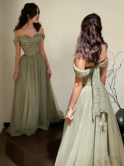 Pretty Sage Green Off The Shoulder Tulle Sequin Beaded Long Birthday Prom Dress Party Gown SP1684