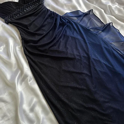Vintage Ombre Blue Chiffon Beaded Long Prom Gown Evening Dress Y9744