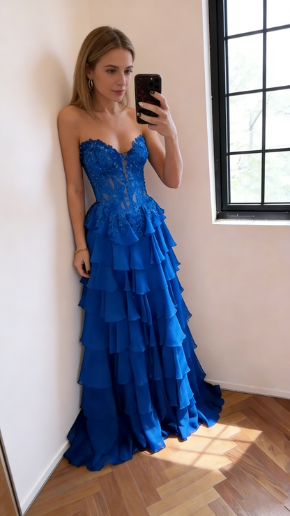 Gorgeous Strapless Navy Blue Chiffon Layered Long Party Dress Birthday Prom Dress With Appliques SP1673