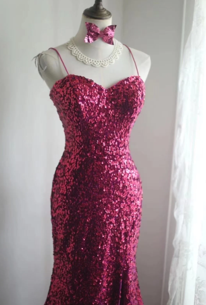 Sparkly Spaghetti Straps Hot Pink Sequin Mermaid Long Wedding Guest Dress Evening Gown SP1246