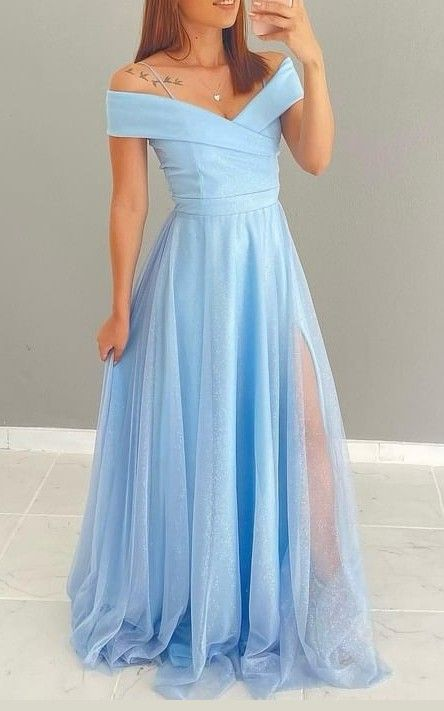 Blue A Line Off the Shoulder Prom Dresses,Blue Graduation Dress Y5152