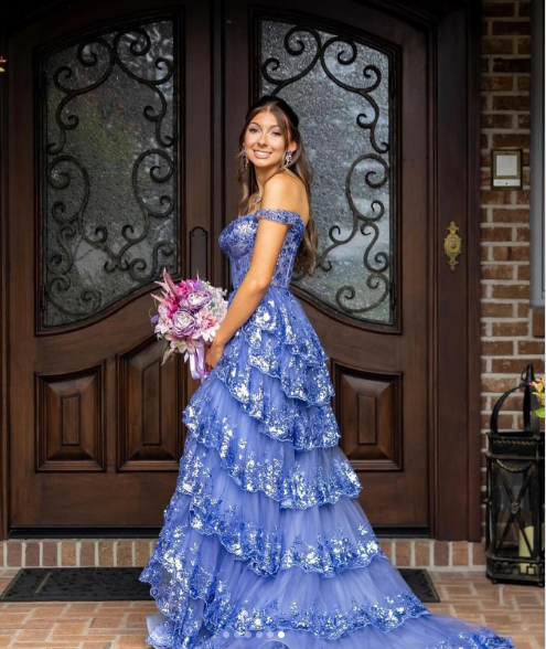 Charming Off The Shoulder Blue Tulle Sequin Layered Mermaid Long Wedding Guest Dress Formal Birthday Evening Gown SP1098
