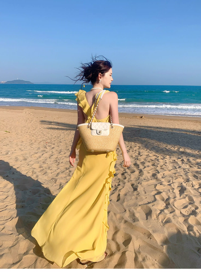 Classy Yellow Chiffon Layered Ruffles Mermaid Evening Dress Long Birthday Dress SP1648