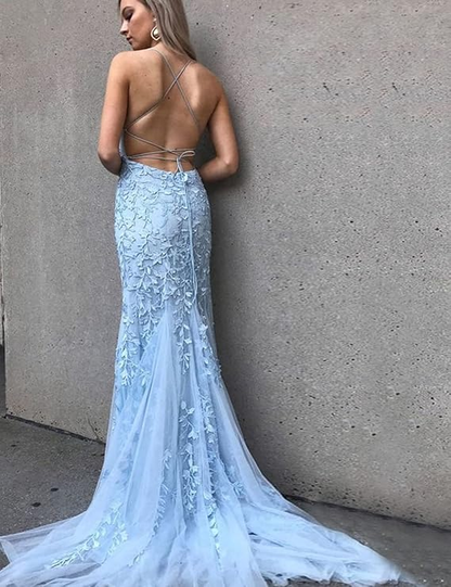 Pink Mermaid Lace Tulle Prom Dress Lace-up Back Evening Dress Y2902