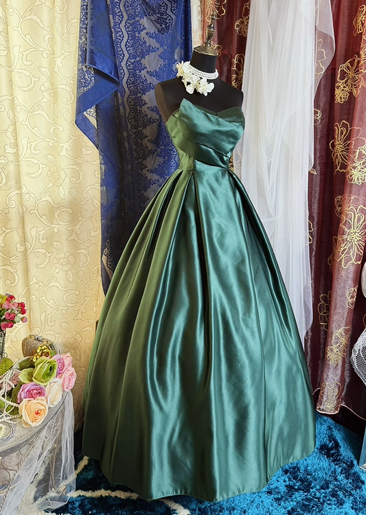 Retro Green Strapless Satin Pleated Ball Gown Long Party Dress Prom Dress SP2194