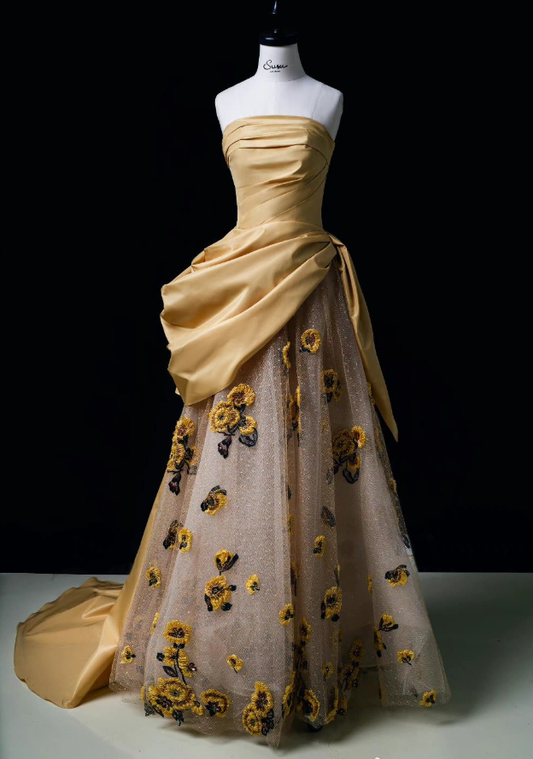 Pretty Yellow Strapless Satin Tulle Appliques Long Evening Dress Prom Dress Y9719