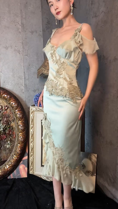 Vintage V Neck Green Satin Chiffon Appliques Beaded Ruffles Mermaid Party Dress Long Prom Gown SP1254