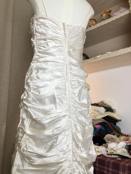 Vintage Spaghetti Strap Ivory Satin Mermaid Long Prom Dress Evening Dress Y9468