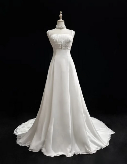 Glamorous Spaghetti Straps White Chiffon Beaded Mermaid Long Wedding Dress Formal Bridal Dress SP1793