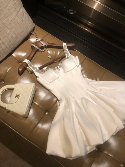 Classy White Satin Beaded A Line Short 9th Grade Homecoming Dress Cocktail Dress SP2370