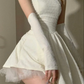 Elegant Off-White Satin Strapless A Line Short Birthday Party Dress Formal Homecoming Dress With Gloves SP141