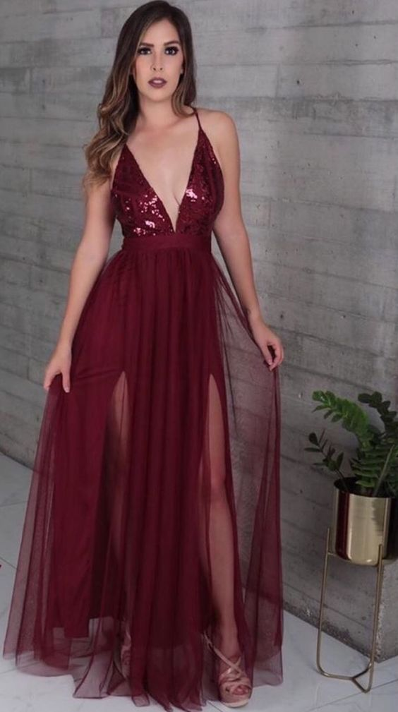 Simple Long Prom Dress with Slit, Burgundy V Neck Formal Dress Y7042