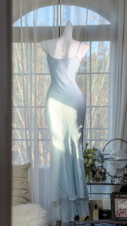 Classy Light Blue Chiffon Beaded Mermaid Long Evening Dress Formal Wedding Guest Dress SP2186
