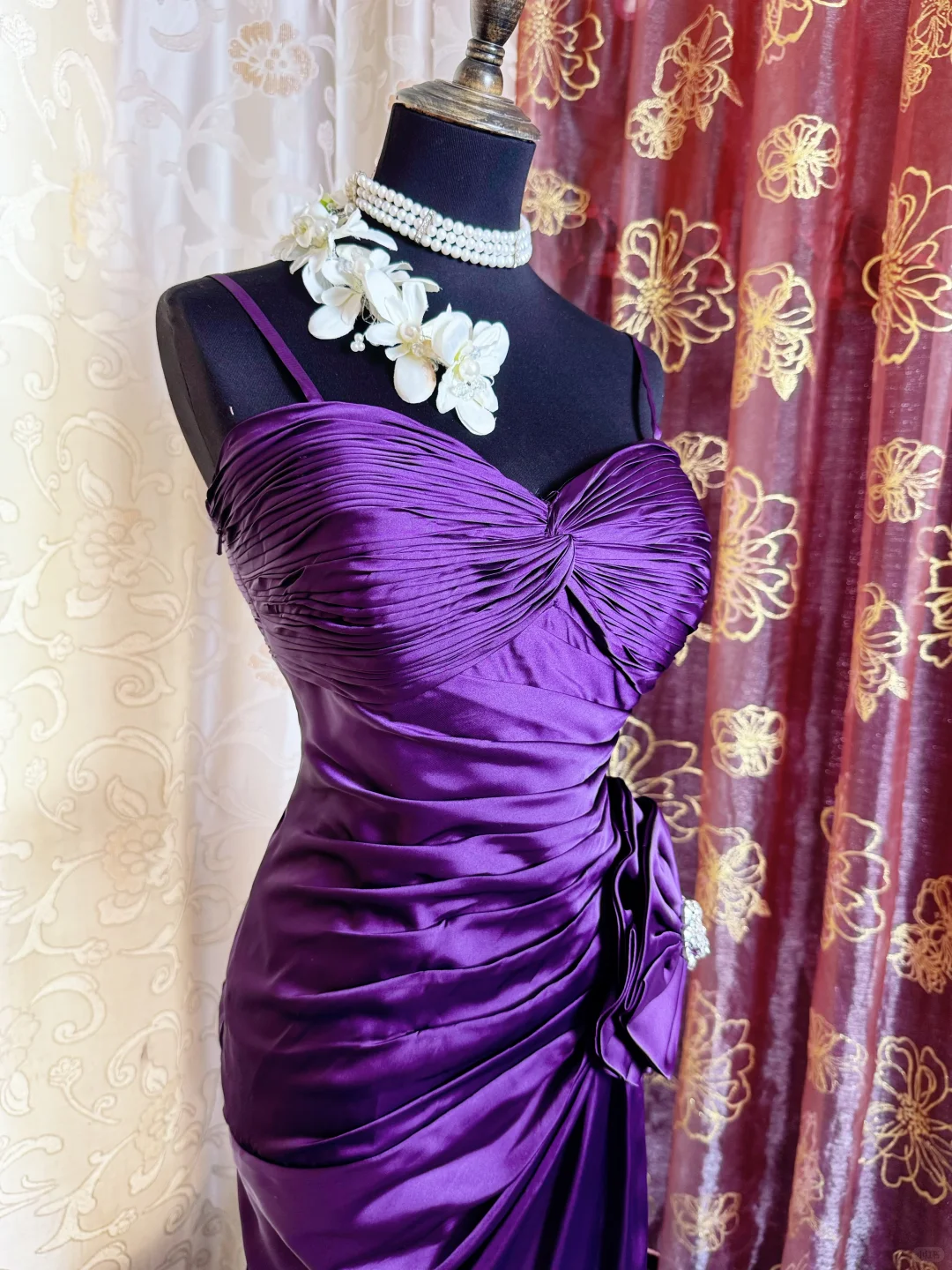 Sexy Spaghetti Straps Satin Pleated Slit Long Prom Dress Purple Mermaid Evening Gown SP2384