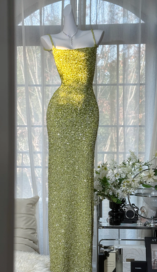 Glitter Spaghetti Straps Green Sequin Sheath Long Wedding Guest Dress Backless Evening Dress Birthday Dress SP1666
