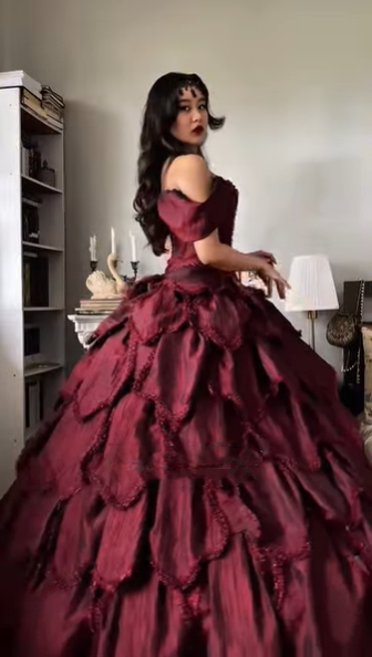 Vintage Off The Shoulder Satin Beaded Petals Layered Ball Gown Burgundy Quinceanera Dress Sweet 16 Dress SP2252