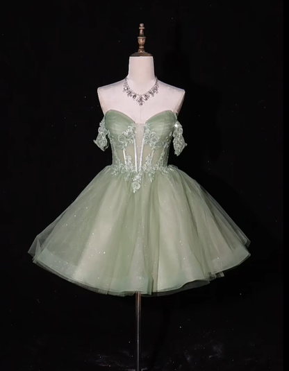 Fashion Green Off The Shoulder Tulle Appliques A Line Short Graduation Homecoming Dress Birthday Outfits Y9293
