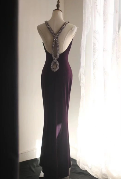 Sexy Purple V Neck Velvet Beaded Mermaid Long Wedding Guest Dress Formal Evening Dress SP1248