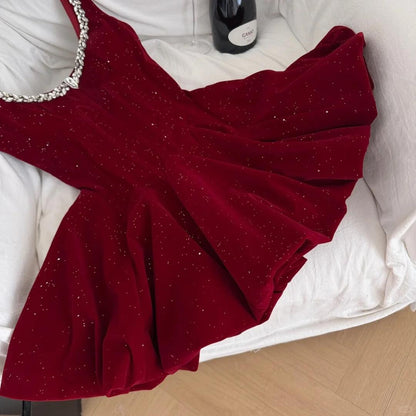 Retro Sleeveless Velvet Sequin Beaded A Line Short Cocktail Dress Red Short Homecoming Dress SP2352