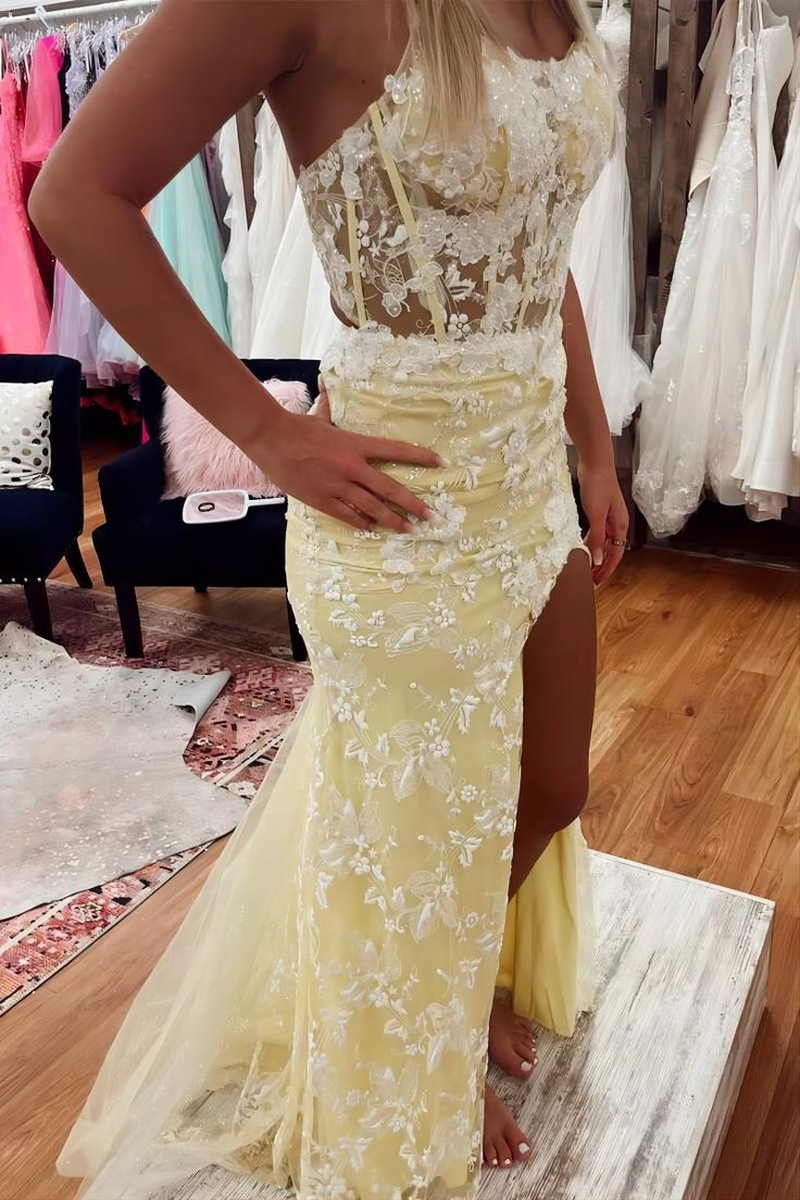 Floral Yellow Split Mermaid Prom Evening Dress Y6465