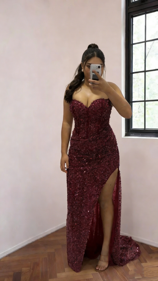 Sexy Strapless Burgundy Sequin Slit Mermaid Long Evening Dress Formal Wedding Guest Dress SP1706