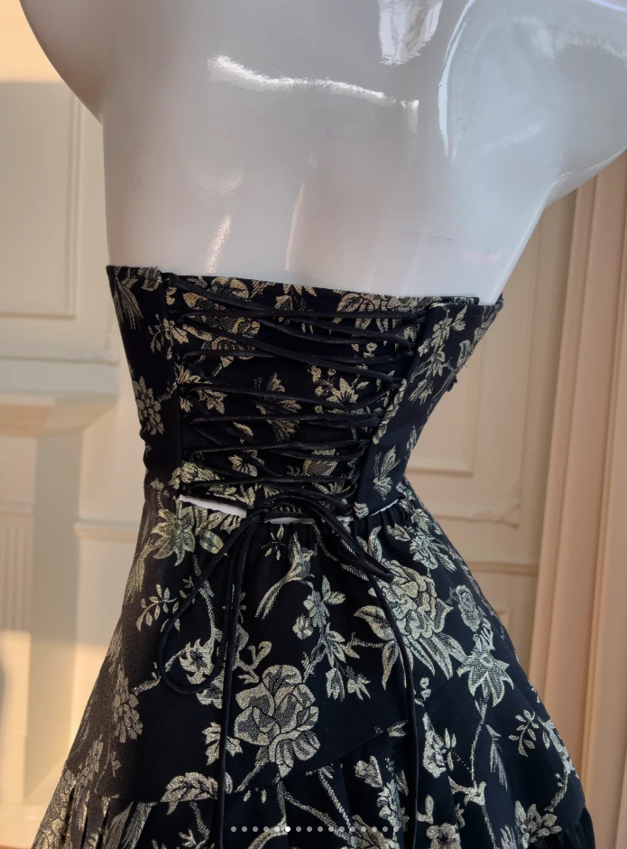 Elegant Black Halter Satin Print Floral Sequins Evening Dress,Long ALine Prom Dress Y8568