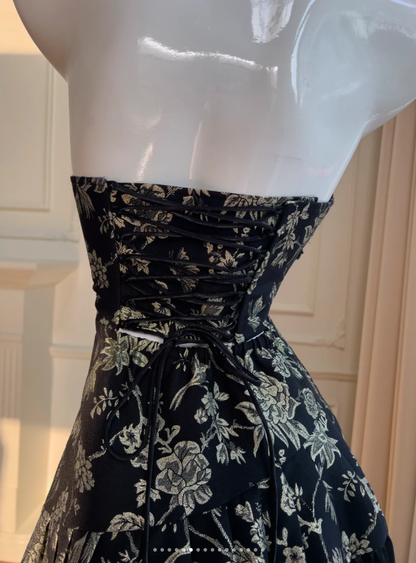 Elegant Black Halter Satin Print Floral Sequins Evening Dress,Long ALine Prom Dress Y8568