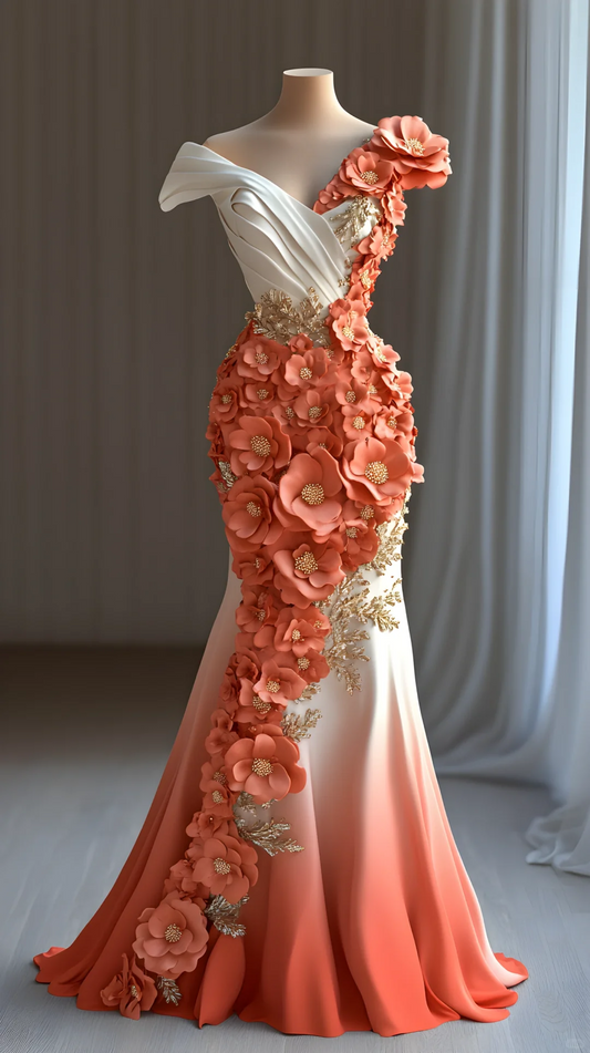 Pretty Peony Flower Appliques Chiffon Prom Dress,Mermaid Long Evening Dress Y8565