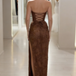 Elegant Strapless Brown Lace Slit Mermaid Prom Dress Long Party Dress SP1350