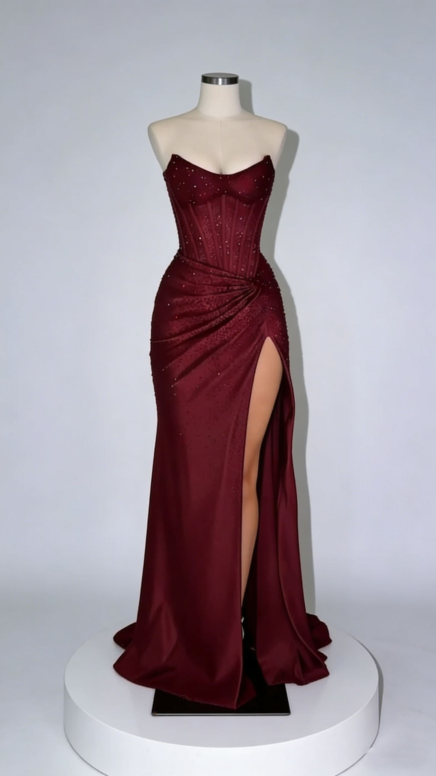 Vintage Burgundy Strapless Satin Beaded Mermaid Slit Evening Dress Long Prom Gown SP1897