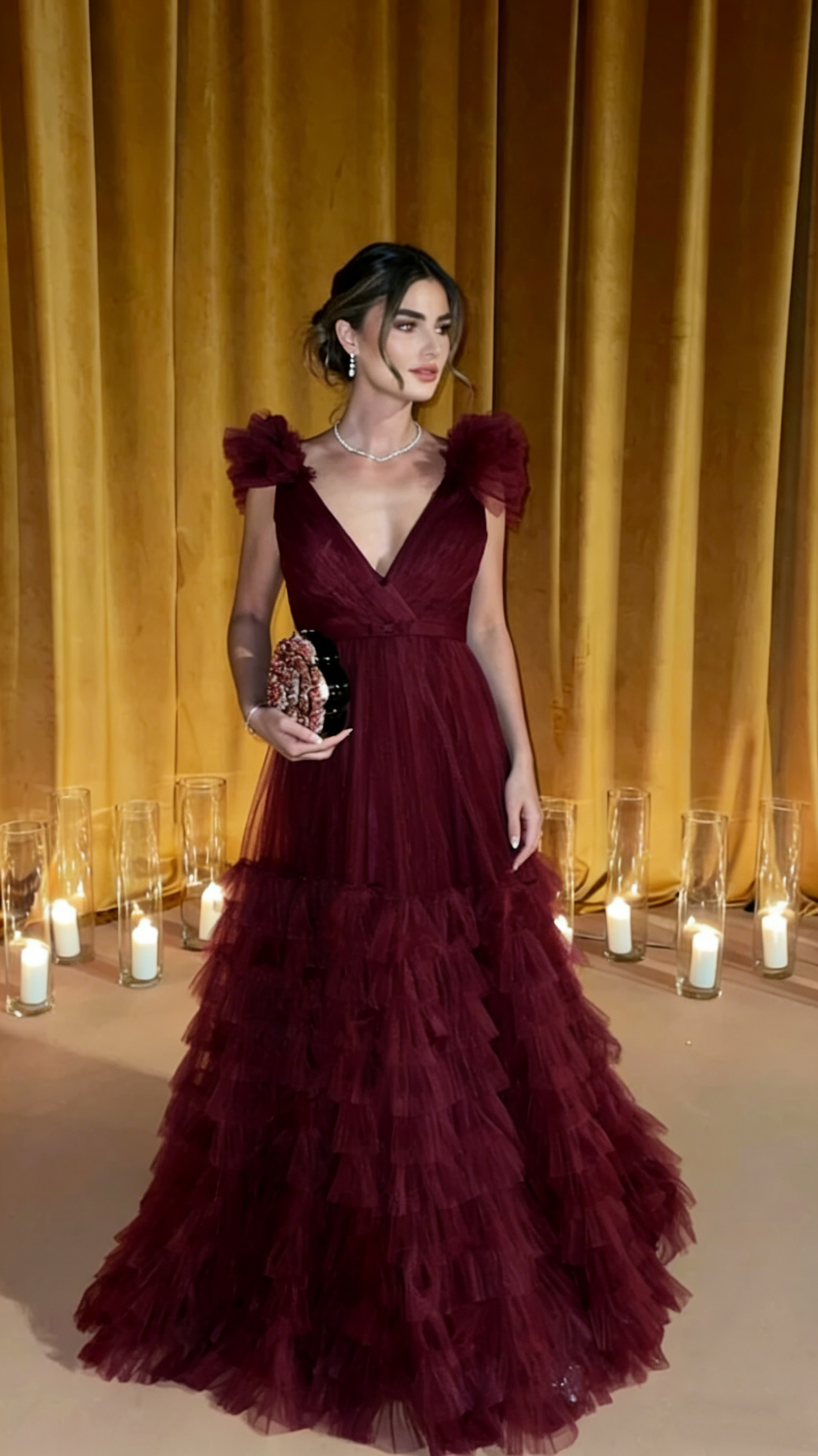 Sexy Purple Tulle Layered Ruffles Prom Dress,A Line Long Evening Dress Y8225