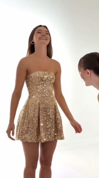 Gorgeous Strapless Sequin A Line Short 9th Grade Homecoming Dress Gold Mini Cocktail Dress SP2308