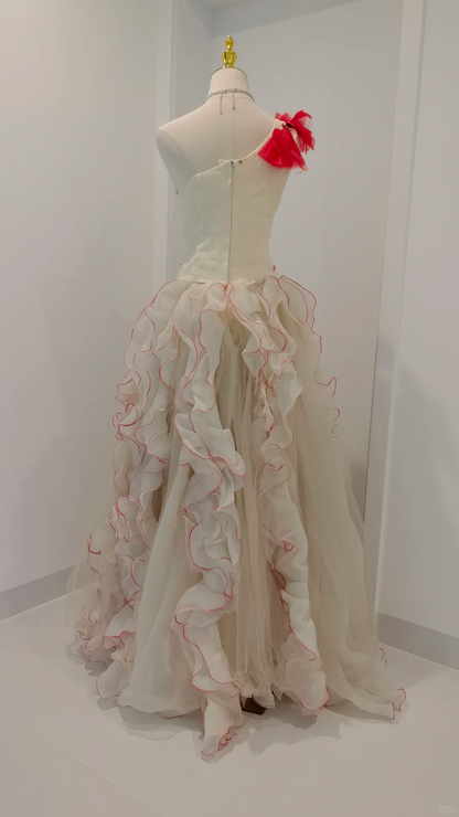 Unique One Shoulder Tulle Appliques Beaded Chiffon Ruffles Long Prom Dress Birthday Party Dress SP2328