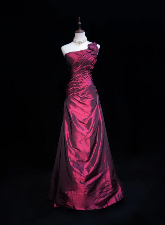 Retro One Shoulder Burgundy Satin Pleated Long Prom Dress Evening Gown SP1968