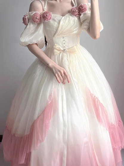 Roses Flowers Masquerade Prom Dress Pink Gradient Floral Wedding Dress Vintage Princess Dress with Pearls Y2401