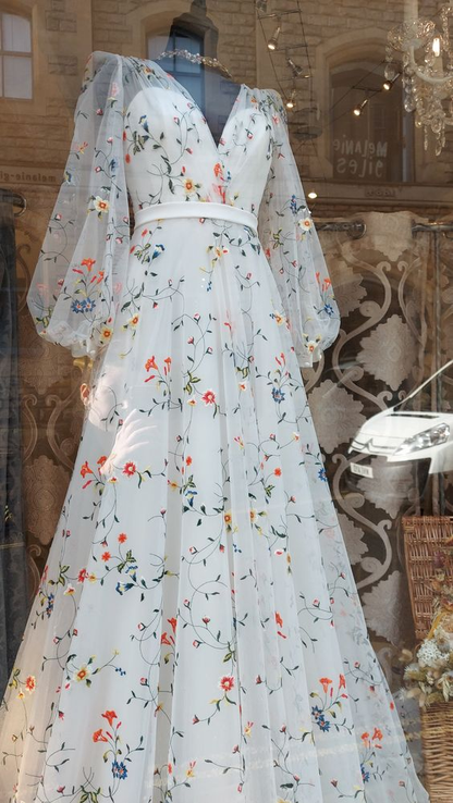 French Elegant Floral Chiffon Long Sleeve Bridal Dress ,V Neck Wedding Simplepromdress French Elegant Floral Chiffon Long Sleeve Bridal Dress ,V Neck Wedding Simplepromdress
