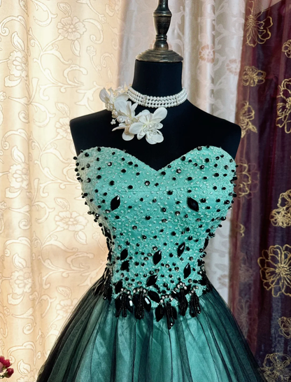Vintage Viridian Tulle Satin Beaded Mini Cocktail Dress Strapless A Line Short 8th Grade Homecoming Dress SP2383
