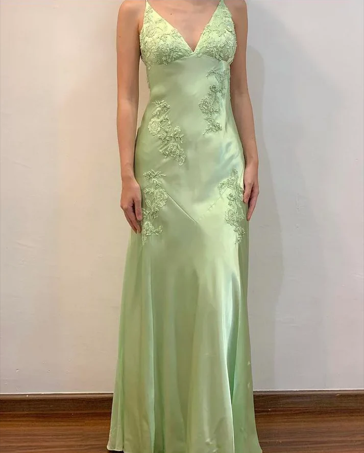 Fashion Mint Green Spaghetti Straps Lace Beaded Prom Dress Evening Party Gown Y7530