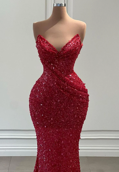 Sparkly Red Sequin Mermaid Long Prom Dress Strapless Long Party Dress SP4205