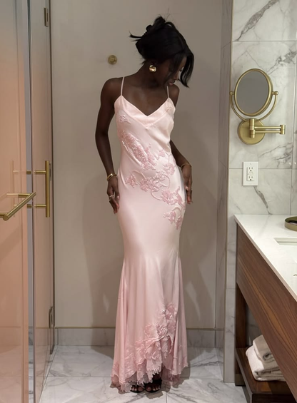 Classy Spaghetti Straps Pink V Neck Satin Mermaid Long Party Dress Birthday Prom Gowns SP2315