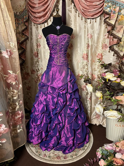 Fashion Strapless Purple Satin Pleated Beaded Long Prom Dress Party Dress SP1377