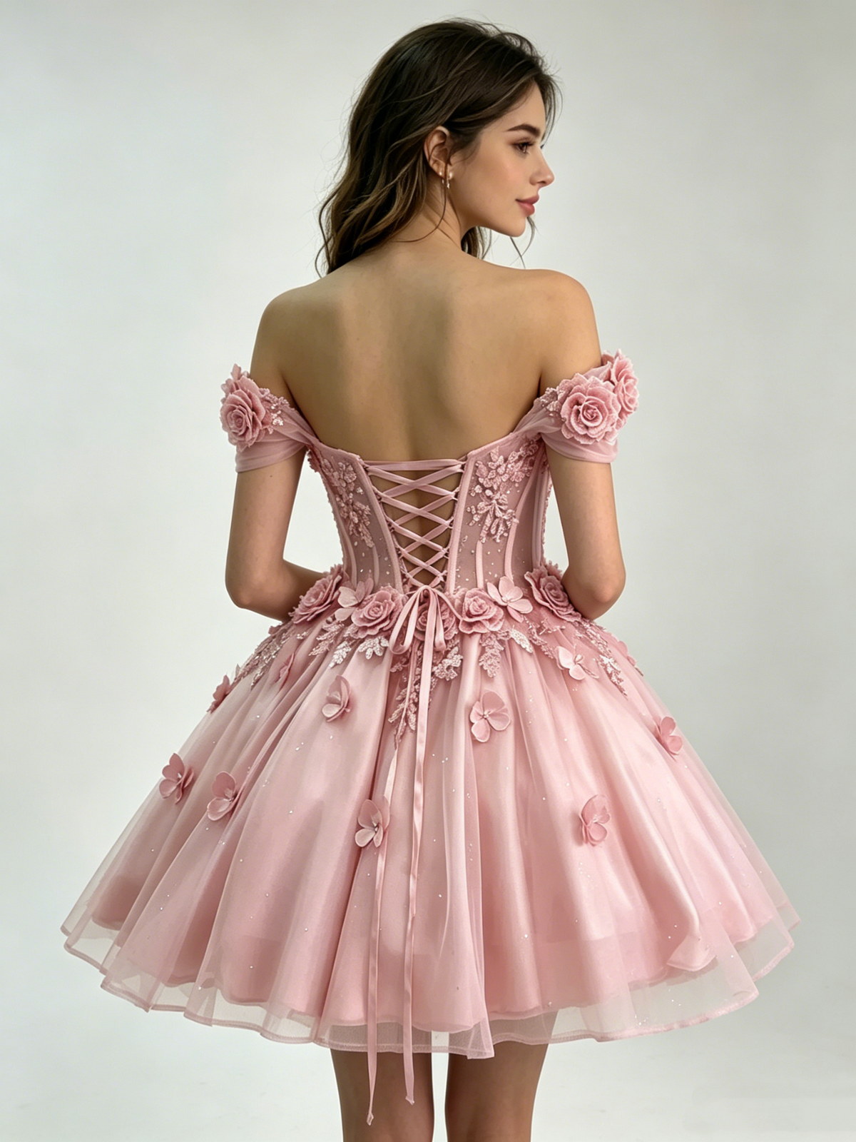 Beautiful Off The Shoulder Tulle Appliques Short Prom Dress,Pink A Line Short Graduation Homecoming Dress SP3260