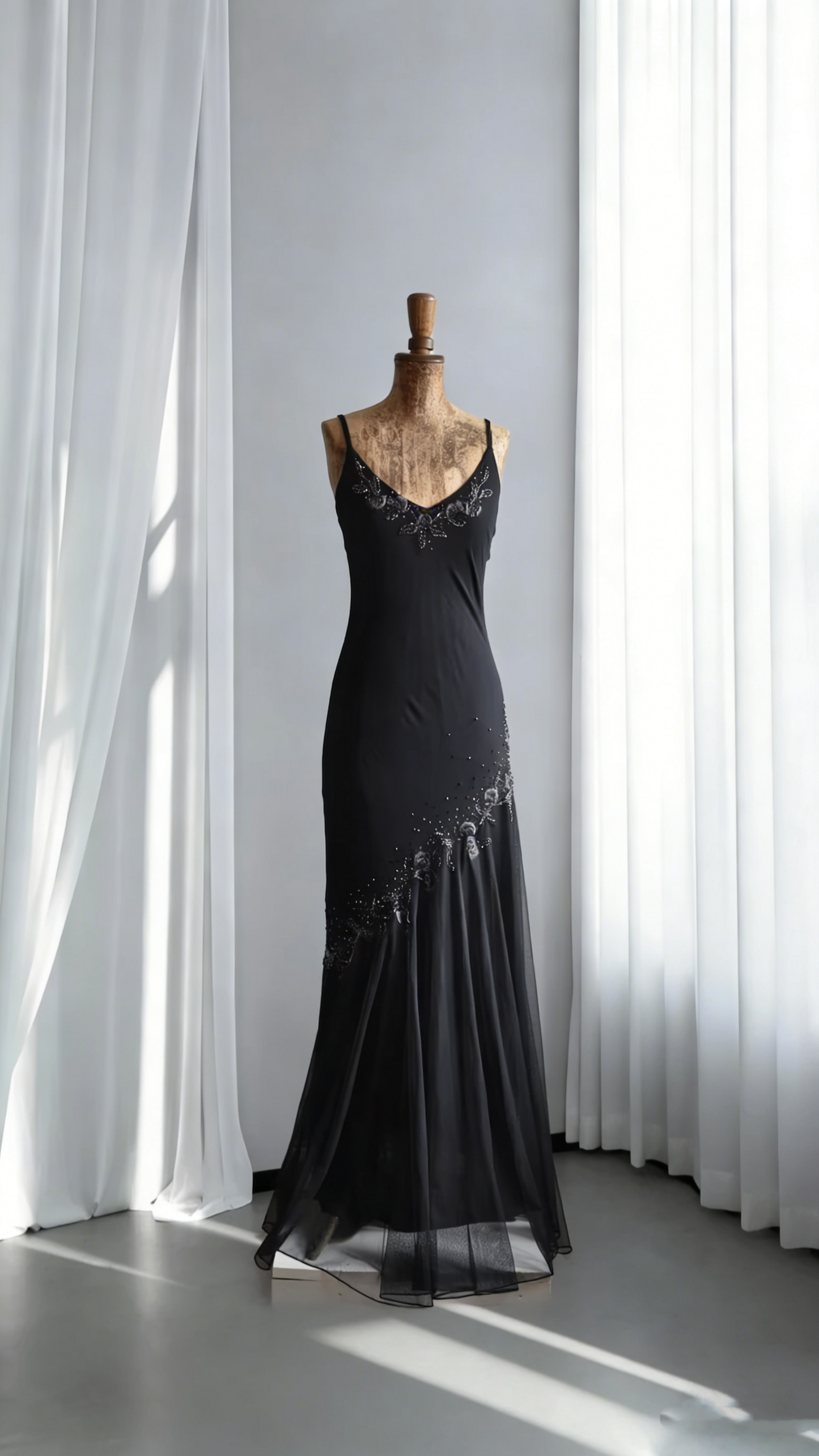 Elegant Spaghetti Straps Black V Neck Chiffon Beaded Mermaid Long Party Dress Formal Evening Dress SP1809
